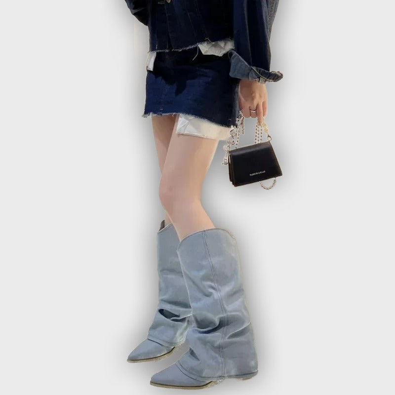 Dakota – Women’s Knee-High Denim Cowboy Boots with Western Stitching