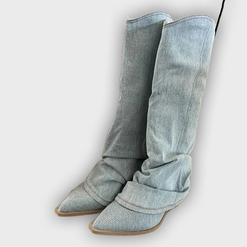 Dakota – Women’s Knee-High Denim Cowboy Boots with Western Stitching