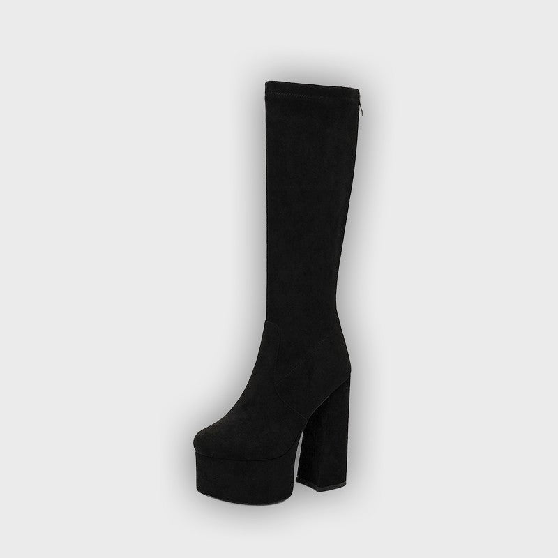 Danika – Women’s Suede-Look Knee-High Boots with Chunky Heel & Zip Back