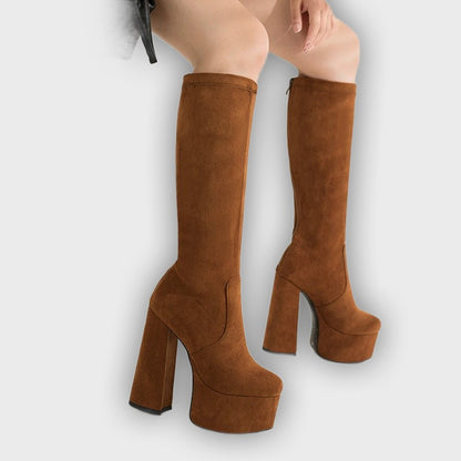 Danika – Women’s Suede-Look Knee-High Boots with Chunky Heel & Zip Back