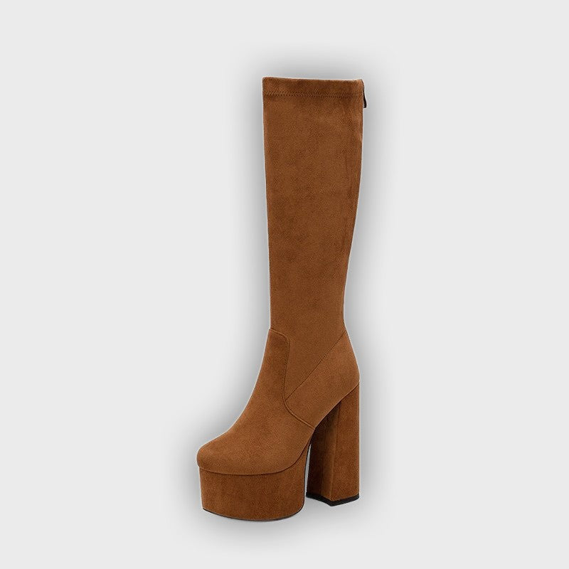 Danika – Women’s Suede-Look Knee-High Boots with Chunky Heel & Zip Back