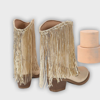 Delilah – Women’s Mid-Calf Boots with Fringe, Sequins & Chunky Heel