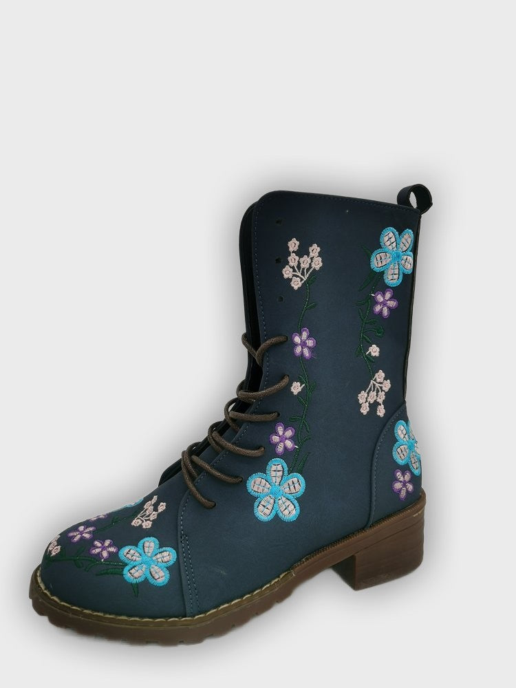 Elanora – Women’s Mid-Calf PU Leather Boots with Floral Embroidery & Zip