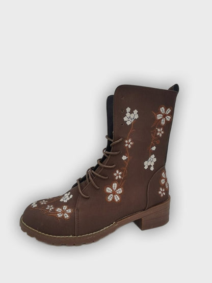 Elanora – Women’s Mid-Calf PU Leather Boots with Floral Embroidery & Zip