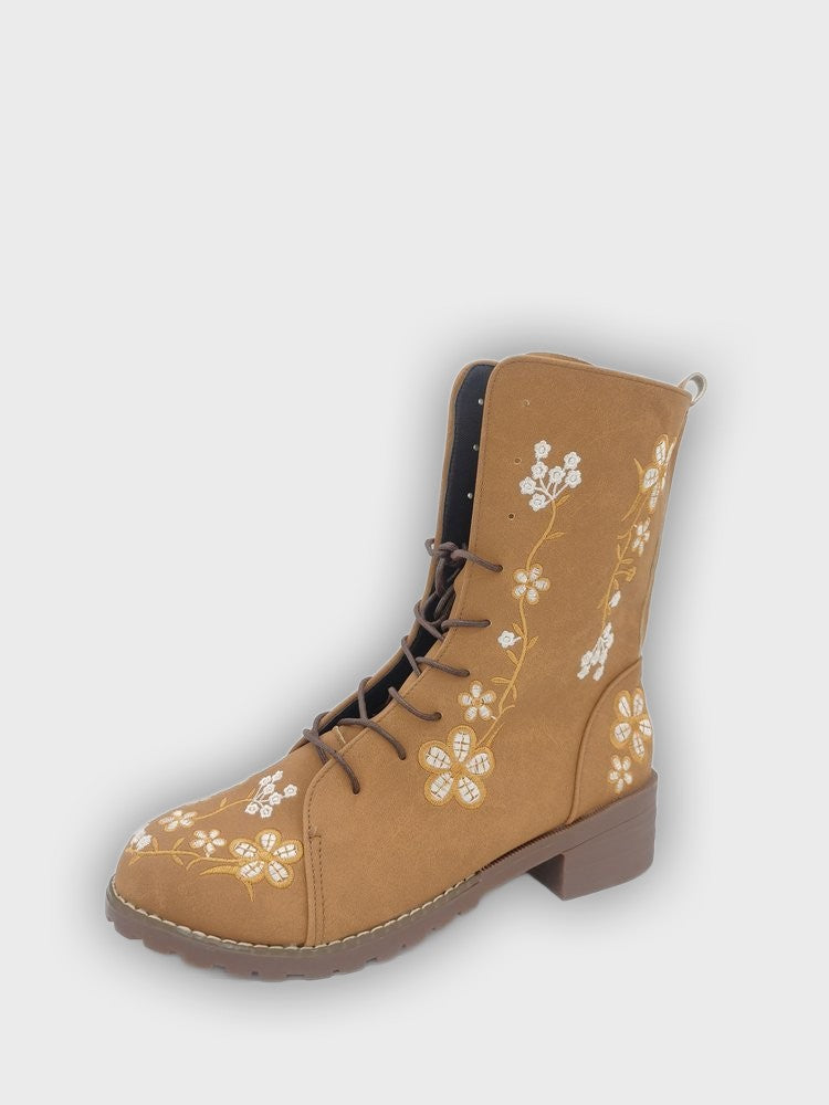 Elanora – Women’s Mid-Calf PU Leather Boots with Floral Embroidery & Zip