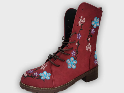 Elanora – Women’s Mid-Calf PU Leather Boots with Floral Embroidery & Zip