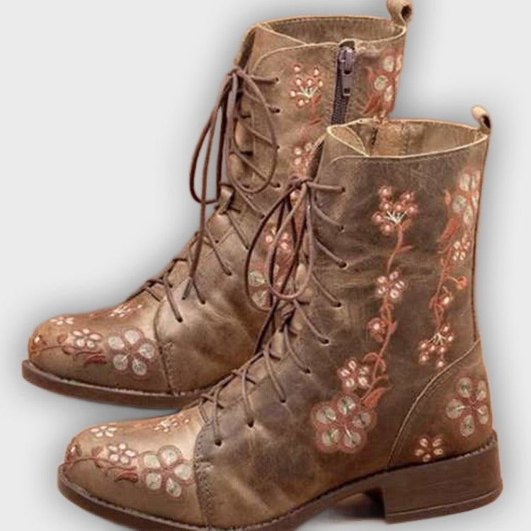 Elanora – Women’s Mid-Calf PU Leather Boots with Floral Embroidery & Zip