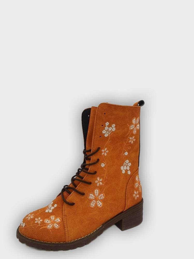 Elanora – Women’s Mid-Calf PU Leather Boots with Floral Embroidery & Zip