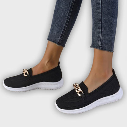 Elin – Women’s Slip-On Knit Loafers with Gold Chain Accent