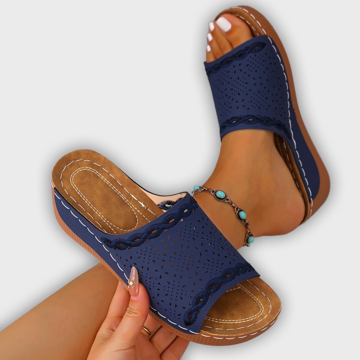 Grace Women’s Wedge Sandals – Slip-On – Perforated Strap – Scalloped Detail