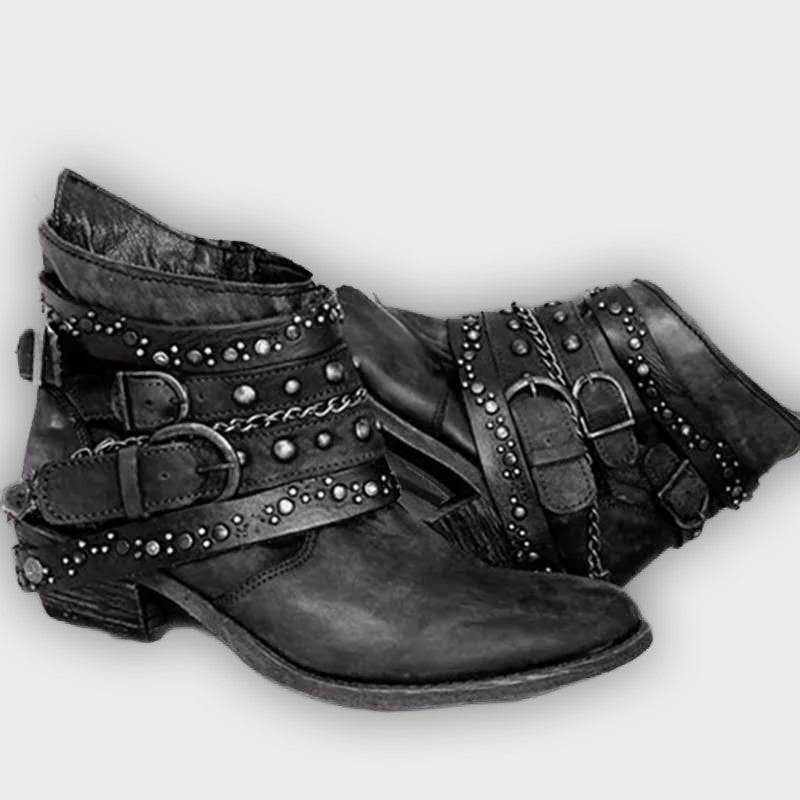 Kaida – Women’s PU Leather Ankle Boots with Studded Straps & Chain Detail