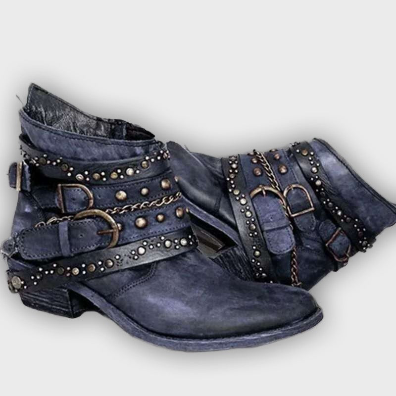 Kaida – Women’s PU Leather Ankle Boots with Studded Straps & Chain Detail