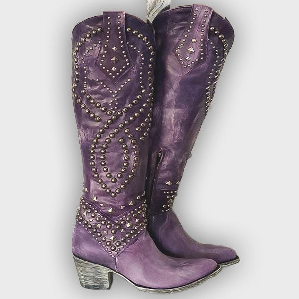 Keziah – Women’s Knee-High Boots with Rivets, Thick Heel & Distressed Look