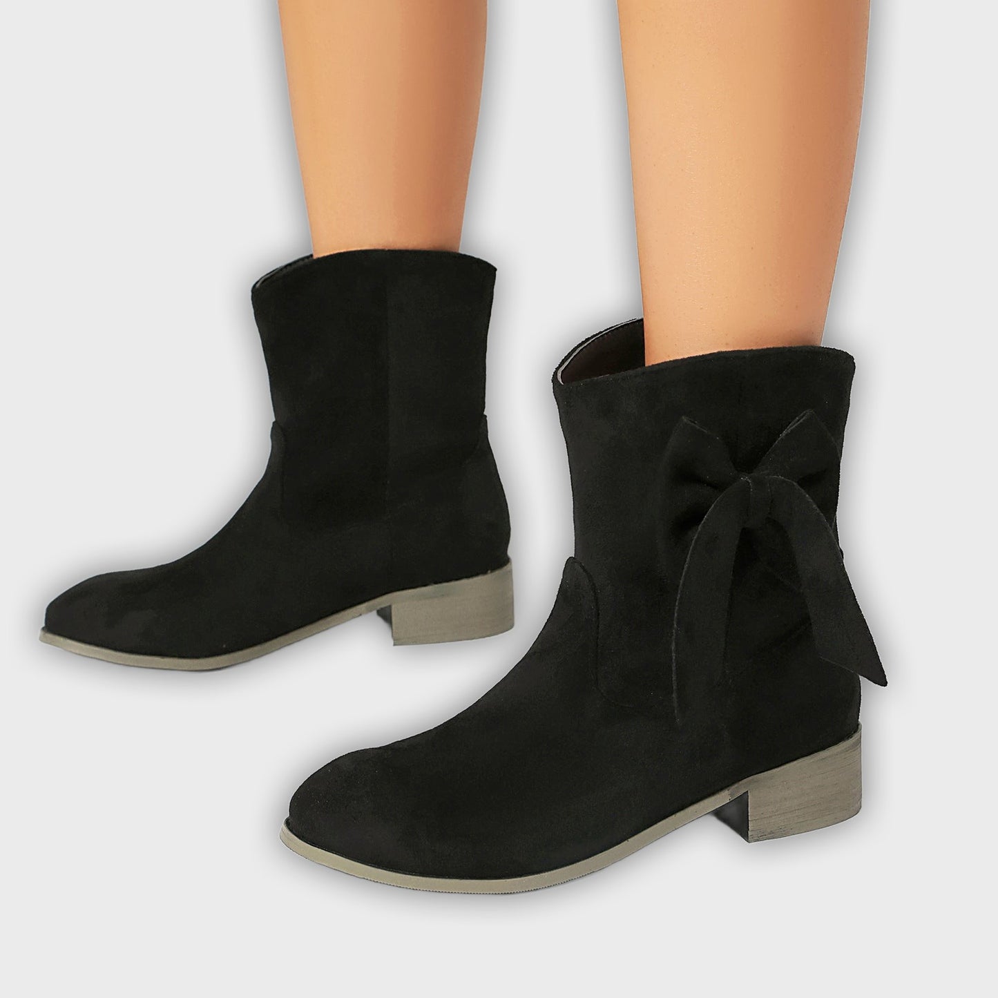 Kirsty – Women’s Short Suede-Inspired Boots with Decorative Bow – Low Heel