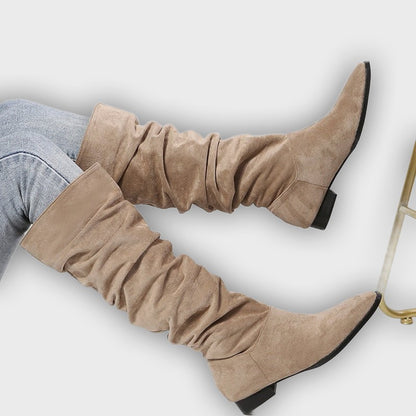 Leona – Women’s Knee-High Faux Suede Boots with Pointed Toe & Flat Sole