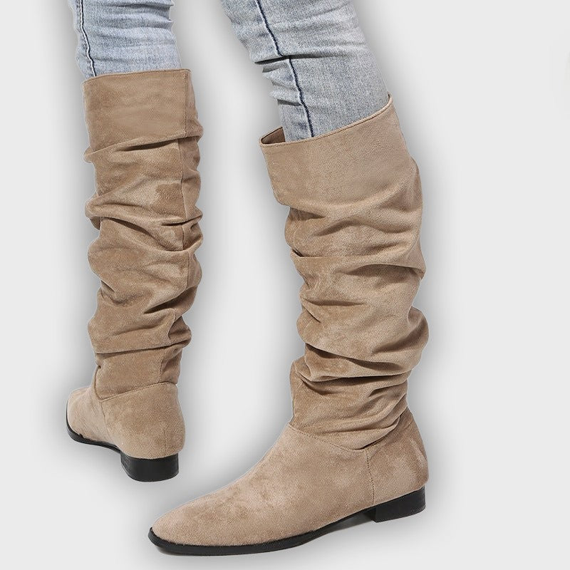 Leona – Women’s Knee-High Faux Suede Boots with Pointed Toe & Flat Sole