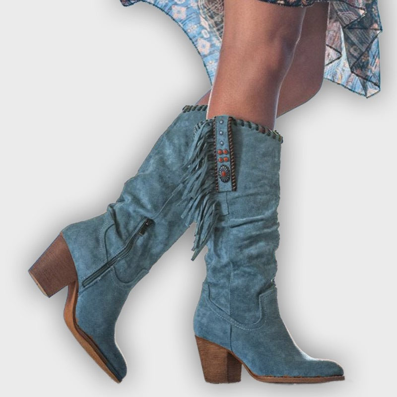 Lyanna – Women’s Knee-High Faux Suede Boots with Fringe & Block Heel