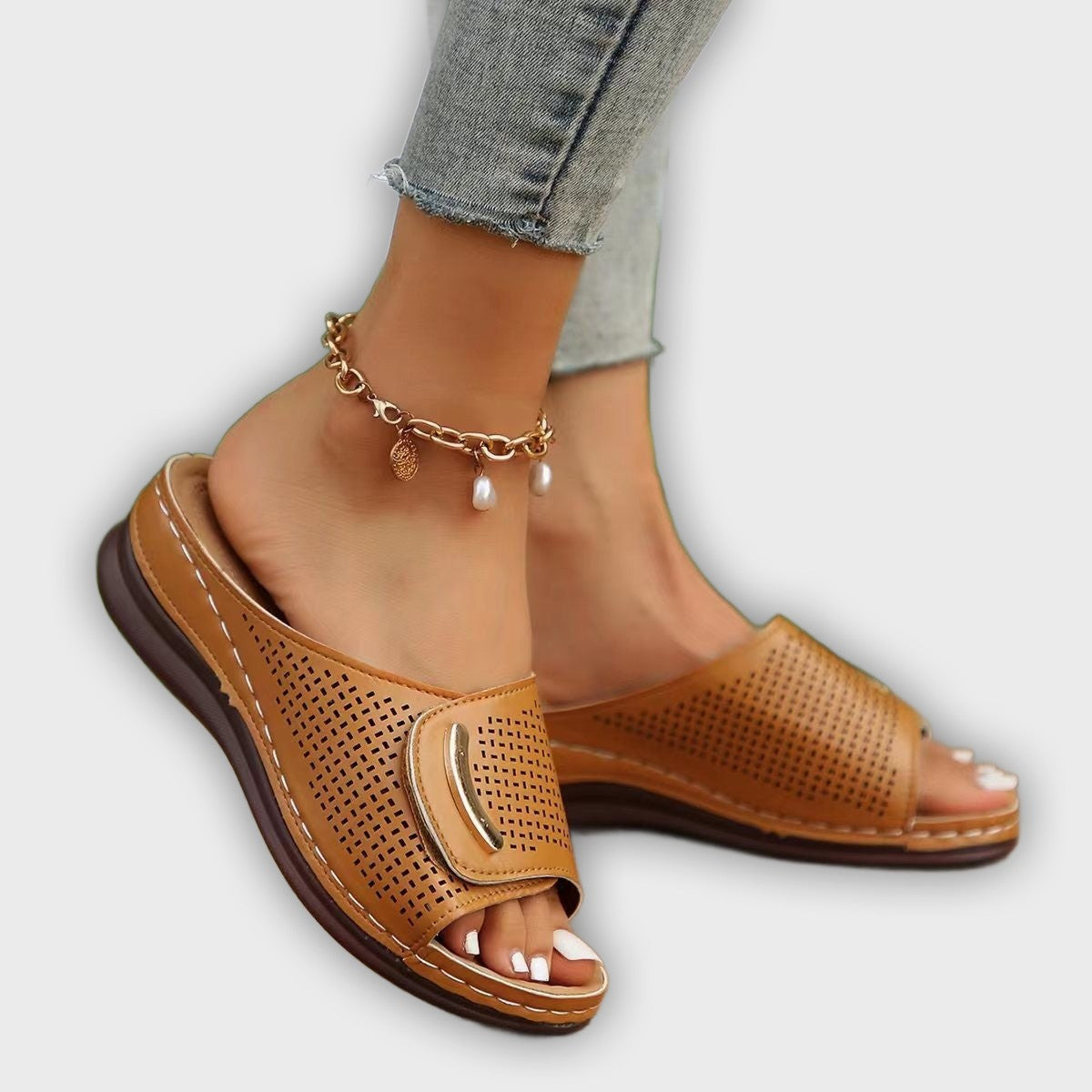 Marlene Wedge Sandals – Slip-On – Perforated PU Leather – Summer