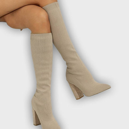 Mirella – Women’s Knee-High Sock Boots with Stretch Knit & Block Heel