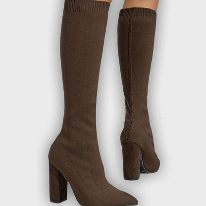 Mirella – Women’s Knee-High Sock Boots with Stretch Knit & Block Heel
