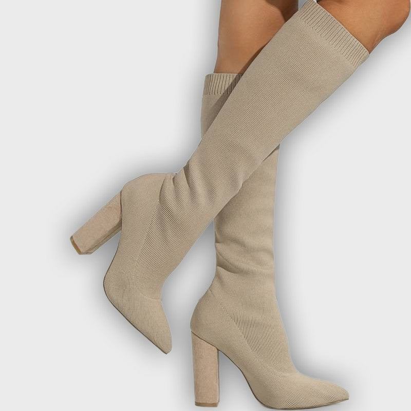 Mirella – Women’s Knee-High Sock Boots with Stretch Knit & Block Heel