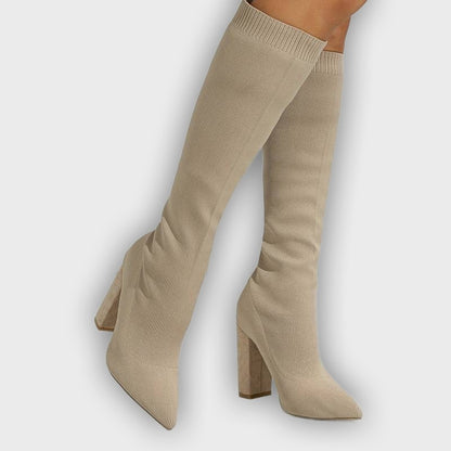 Mirella – Women’s Knee-High Sock Boots with Stretch Knit & Block Heel