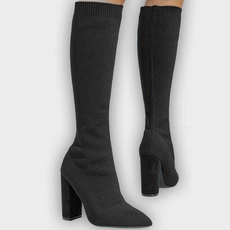 Mirella – Women’s Knee-High Sock Boots with Stretch Knit & Block Heel
