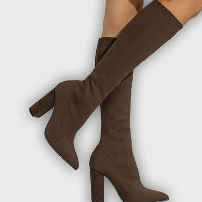 Mirella – Women’s Knee-High Sock Boots with Stretch Knit & Block Heel