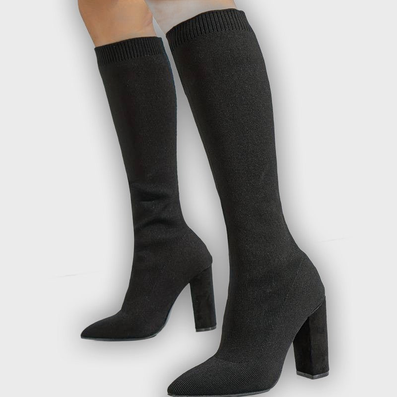 Mirella – Women’s Knee-High Sock Boots with Stretch Knit & Block Heel