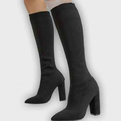 Mirella – Women’s Knee-High Sock Boots with Stretch Knit & Block Heel