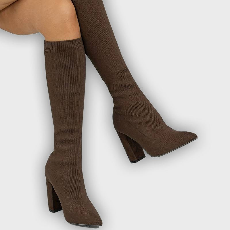 Mirella – Women’s Knee-High Sock Boots with Stretch Knit & Block Heel