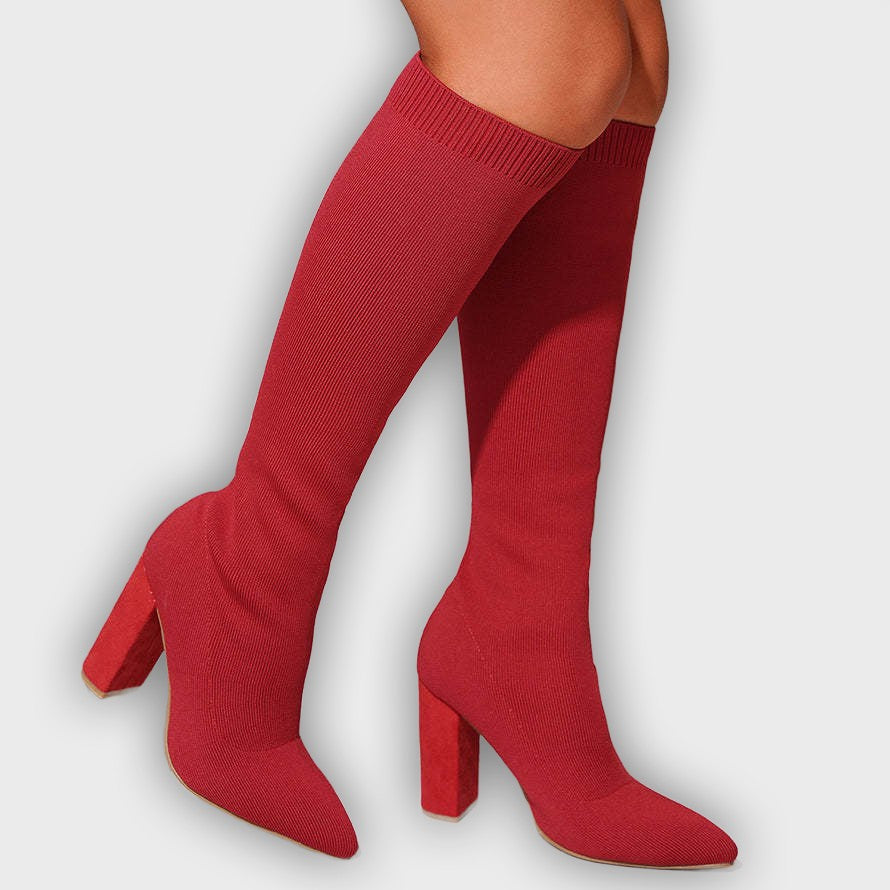 Mirella – Women’s Knee-High Sock Boots with Stretch Knit & Block Heel