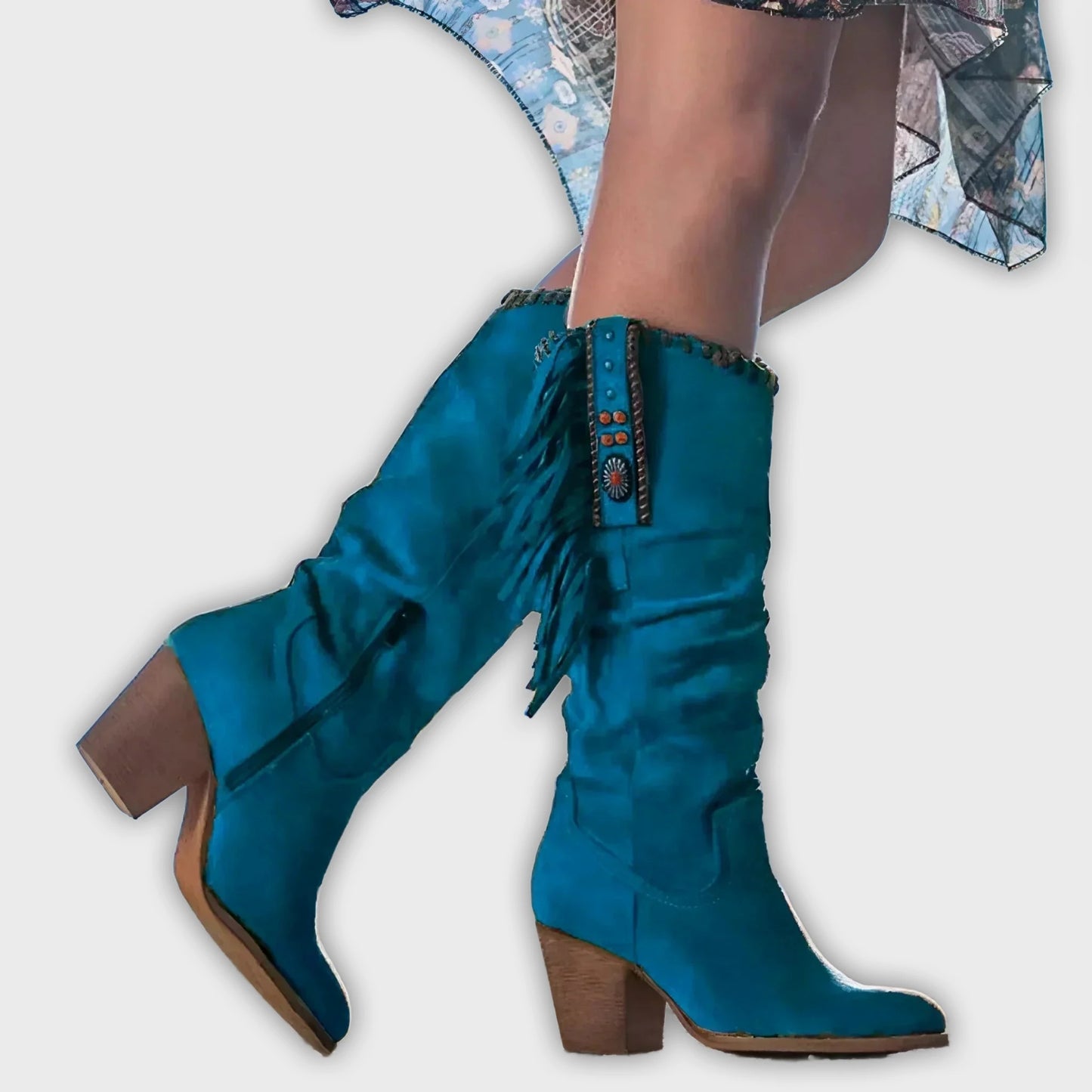 Morag – Women’s Mid-Calf Suede Fringe Boots – Block Heel – Western Boho Style