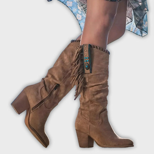 Morag – Women’s Mid-Calf Suede Fringe Boots – Block Heel – Western Boho Style