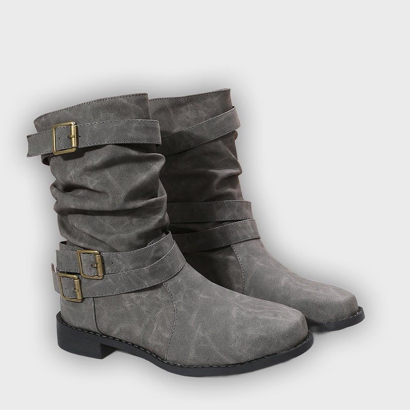 Noelia – Women’s Casual Buckle Strap Mid-Calf Boots with Low Block Heel