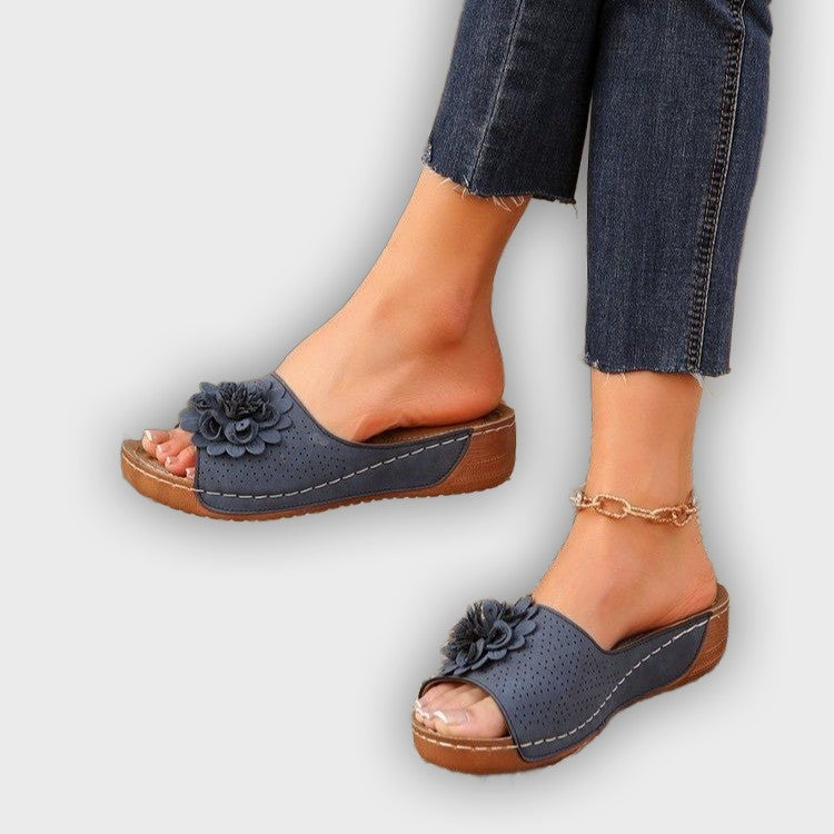 Noelle Women’s Wedge Sandals – Perforated Upper – Floral Accent – Open Toe