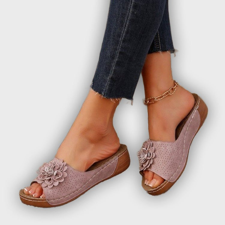 Noelle Women’s Wedge Sandals – Perforated Upper – Floral Accent – Open Toe