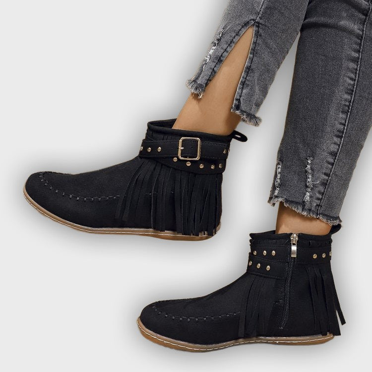 Norelle – Women’s Ankle Boots with Suede Fringe, Studs & Side Zip