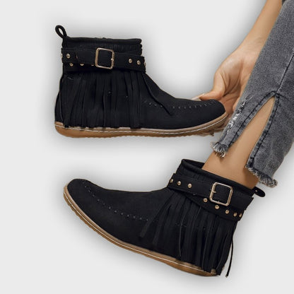 Norelle – Women’s Ankle Boots with Suede Fringe, Studs & Side Zip