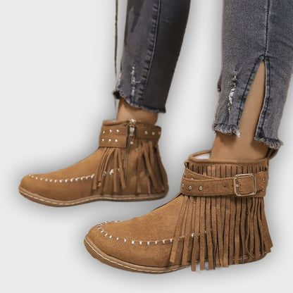 Norelle – Women’s Ankle Boots with Suede Fringe, Studs & Side Zip