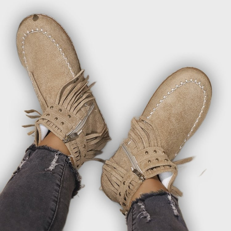 Norelle – Women’s Ankle Boots with Suede Fringe, Studs & Side Zip