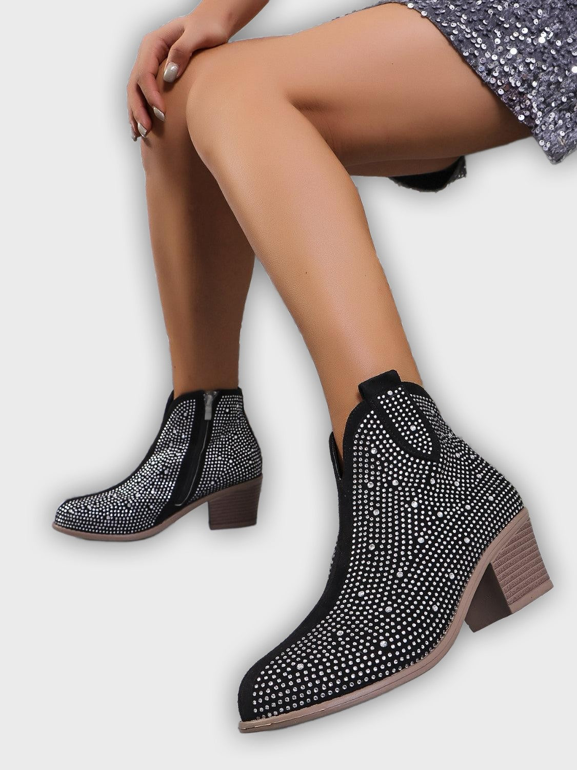 Novalie – Women’s Rhinestone Ankle Boots with Pointed Toe & Block Heel