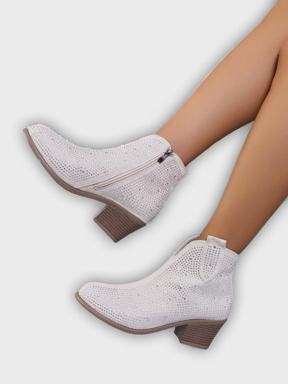 Novalie – Women’s Rhinestone Ankle Boots with Pointed Toe & Block Heel