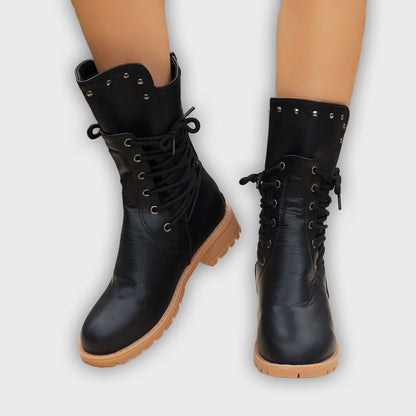 Nyra – Women’s Lace-Up Mid-Calf Boots with Chunky Heel & Stud Detail