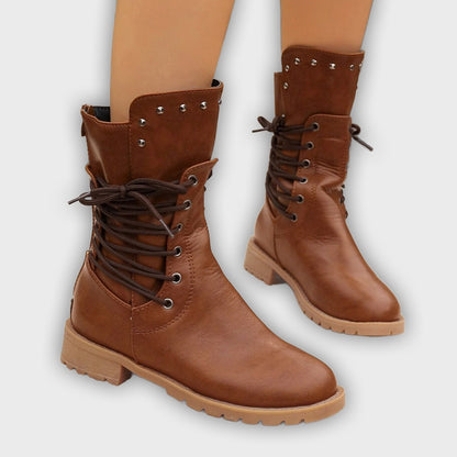 Nyra – Women’s Lace-Up Mid-Calf Boots with Chunky Heel & Stud Detail