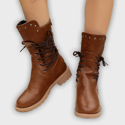 Nyra – Women’s Lace-Up Mid-Calf Boots with Chunky Heel & Stud Detail