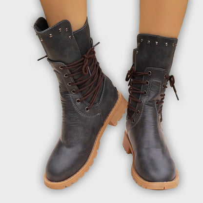 Nyra – Women’s Lace-Up Mid-Calf Boots with Chunky Heel & Stud Detail