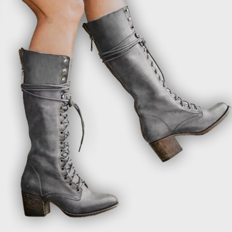 Renata – Women’s Knee-High PU Leather Boots with Lace-Up Front & Chunky Heel