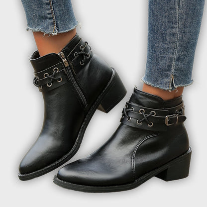 Renée – Women’s PU Leather Ankle Boots with Buckle, Laces & Block Heel
