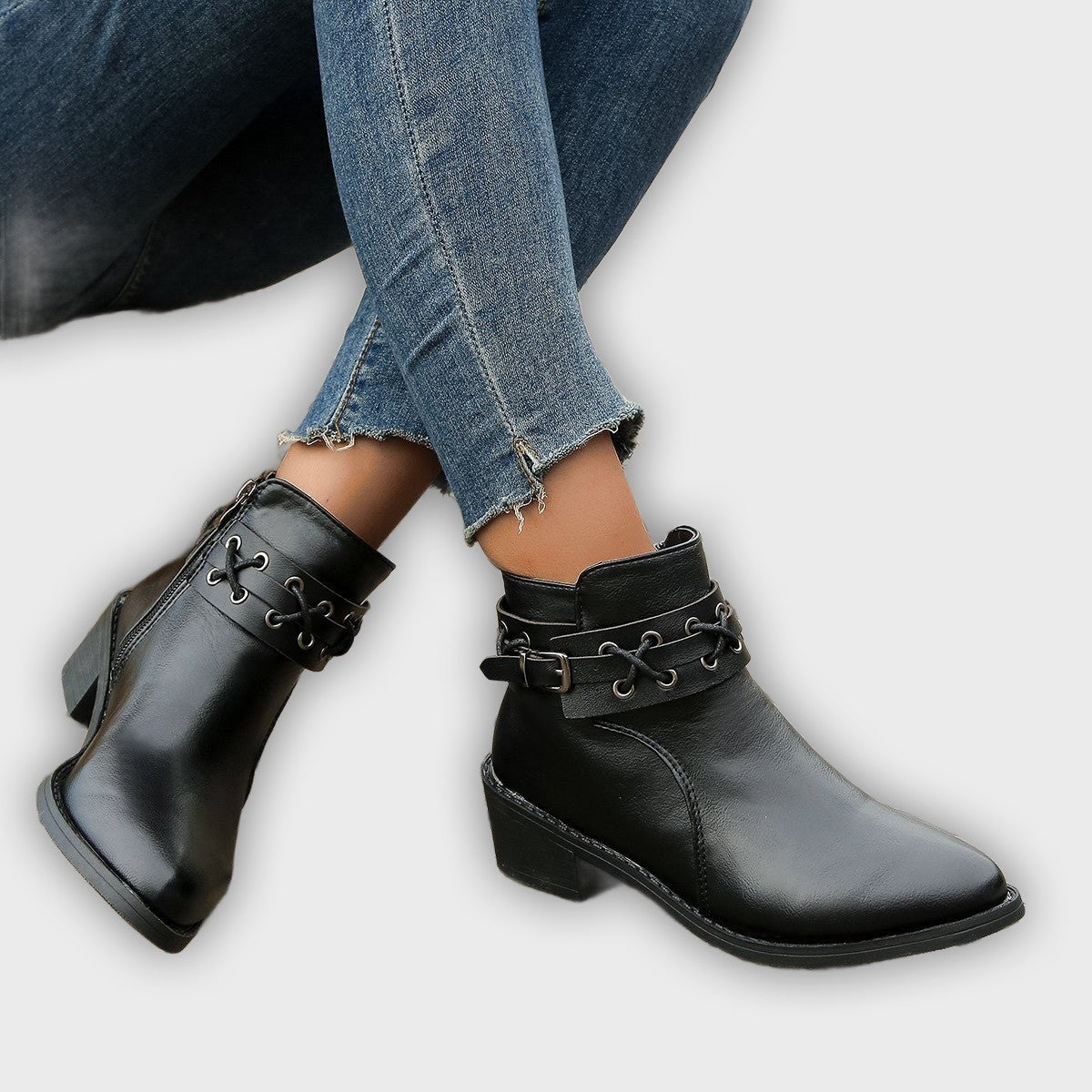 Renée – Women’s PU Leather Ankle Boots with Buckle, Laces & Block Heel